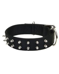 Coastal Macho Dog Black Double-Ply Nylon Spiked Collar with Roller Buckle 26"