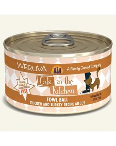 WERUVA Cats in the Kitchen Fowl Ball - Chicken and Turkey Recipe Au Jus Canned Cat Food 3.2 oz