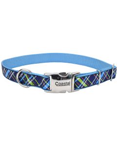 Coastal Ribbon Adjustable Dog Collar with Metal Buckle Navy Blue Plaid 5/8" x 8-12"