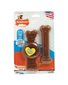 Nylabone Teething Puppy Chew Ring & Flat Bone Twin Pack Toy Chicken Flavor Medium/Wolf
